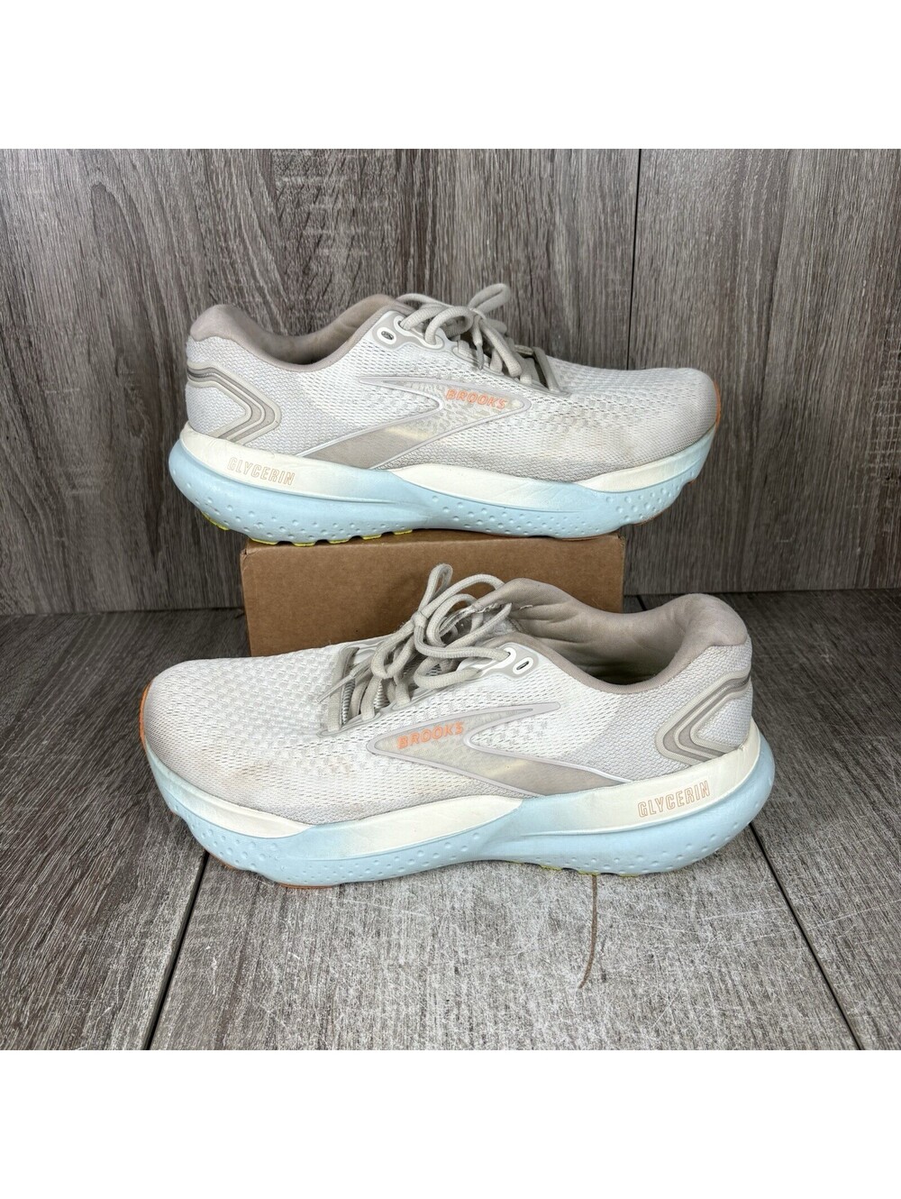 Brooks Glycerin 21 Mens Sz 10.5 Gray Beige Blue Athletic Running Shoes Sneakers